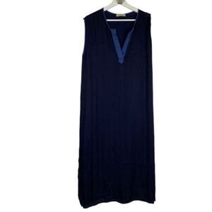 Stark X Dress Size S Sleeveless Split Neck Midi Navy Blue V Neck Slit Contrast